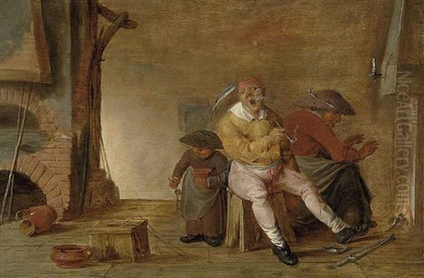 An Elderly Couple By The Fire In An Interior Oil Painting by Jan Jansz Buesem