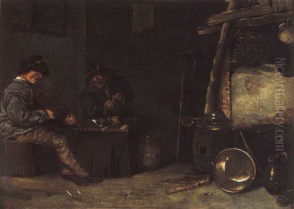 Topers Playing A Violin And Smoking In A Barn Oil Painting by Jan Jansz Buesem