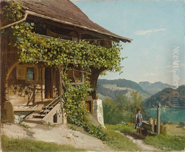 Typisches Bauernhaus Im Berner Oberland Mit Madchen Am Brunnen. Herbstliche Landschaft Mit See Und Bewaldetem Hugel by Eduard Buhler