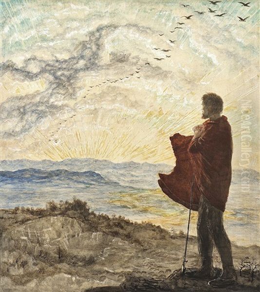 Ein Hirte In Felsiger Landschaft, Den Sonnenuntergang Betrachtend by Hans Adolf Buhler