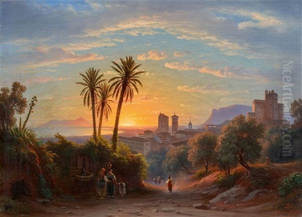 South Italian Landscape At Sunset Oil Painting by Johann-Rudolph Buhlmann