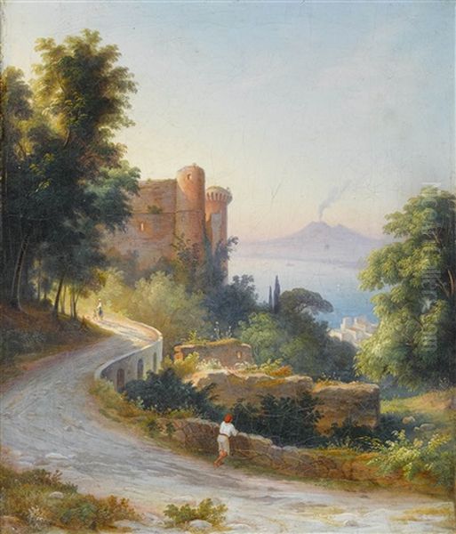 Die Burg Von Castellammare Di Stabia Mit Rauchendem Vesuv Oil Painting by Johann-Rudolph Buhlmann