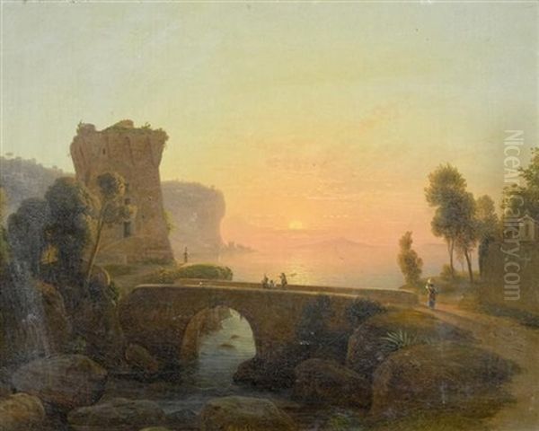 Italienische Landschaft Mit Sonnenuntergang by Johann-Rudolph Buhlmann