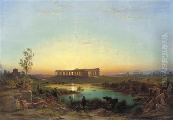 A Herdsman Watering His Cattle At Paestum, Dusk Oil Painting by Johann-Rudolph Buhlmann