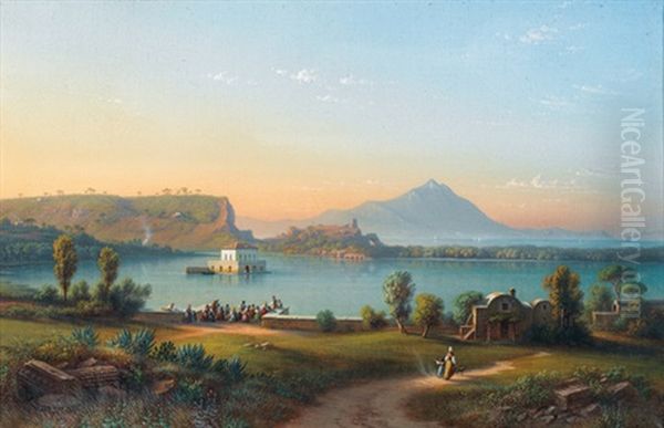 Lago Di Fusaro Mit Der Casina Reale Bei Neapel Oil Painting by Johann-Rudolph Buhlmann