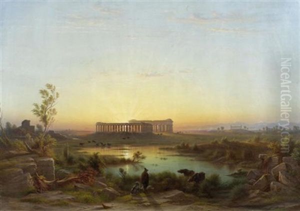 Blick Von Der Alten Stadtmauer Paestums Auf Die Basilica, Den Poseidon- Und Den Athenae-tempel Oil Painting by Johann-Rudolph Buhlmann