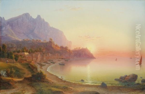 Vue De La Cote Italienne, Probablement Capri Oil Painting by Johann-Rudolph Buhlmann