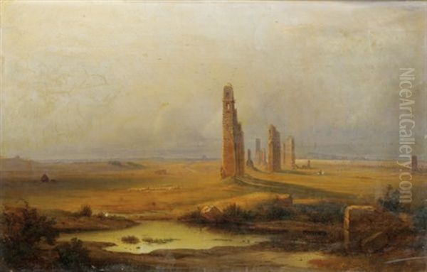 Vue D'un Aqueduc En Ruines Oil Painting by Johann-Rudolph Buhlmann