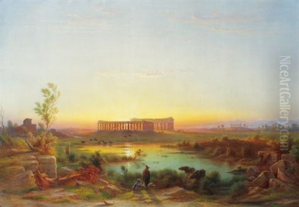 Vue De Paestum Oil Painting by Johann-Rudolph Buhlmann