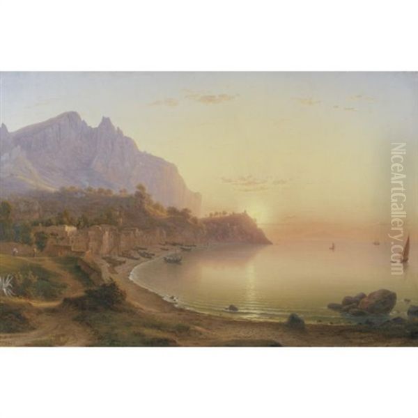 View Along The Southern Italian Coast Oil Painting by Johann-Rudolph Buhlmann