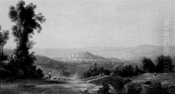 A Distant View Of Nice, With A Drover In The Foreground Oil Painting by Johann-Rudolph Buhlmann