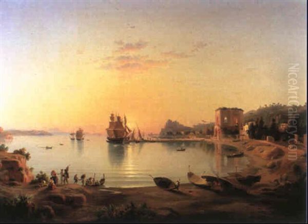 Sunset Over The Bay Of Naples Oil Painting by Johann-Rudolph Buhlmann