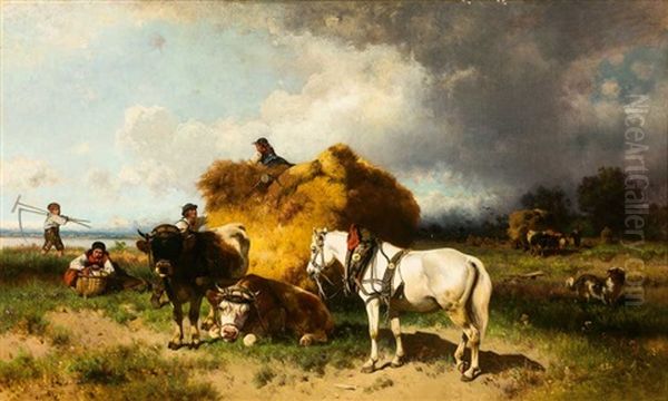 Sommerliche Erntelandschaft An Einem See, Im Vordergrund Bauern Beim Einbringen Vor Dem Gewitter Oil Painting by Conrad Buehlmayer