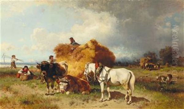 Gathering In The Hay With Approaching Storm Oil Painting by Conrad Buehlmayer