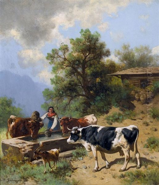 Alpszene Mit Kuhen An Der Tranke Oil Painting by Conrad Buehlmayer