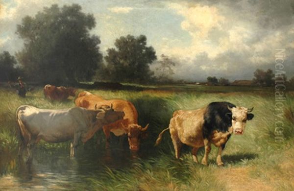 Herder And Cattle Oil Painting by Conrad Buehlmayer