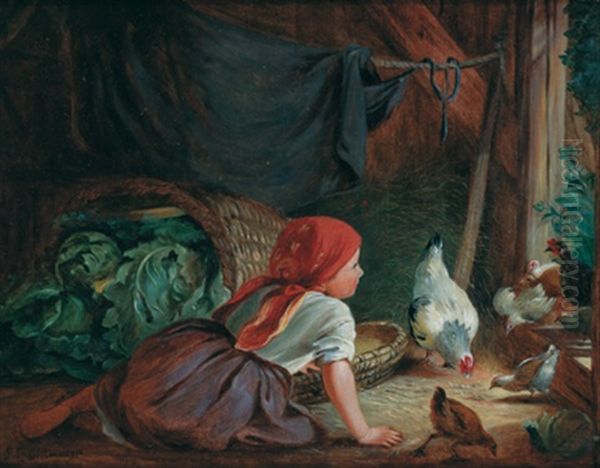 Madchen Im Huhnerstall Oil Painting by Conrad Buehlmayer