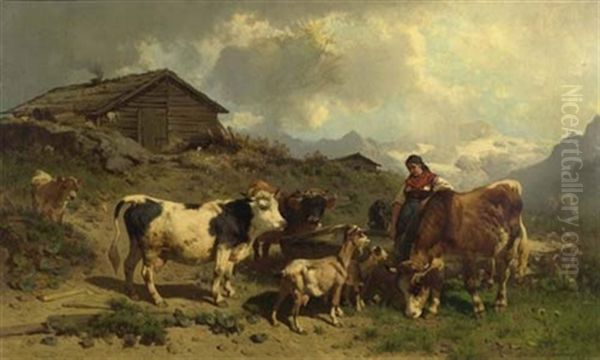 Hirten Mit Kuhen Vor Alpenlandschaft Oil Painting by Conrad Buehlmayer