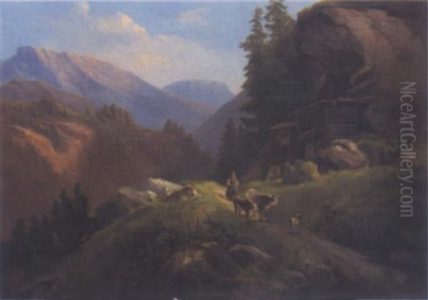 Hirtin Mit Ihrer Herde Auf Der Alm Oil Painting by Conrad Buehlmayer