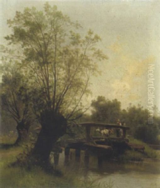 Ziegenhirtin Auf Einer Holzbrucke Oil Painting by Conrad Buehlmayer