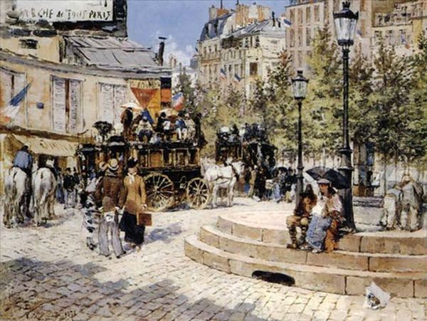 A Busy Paris Square by Felix Hilaire Buhot