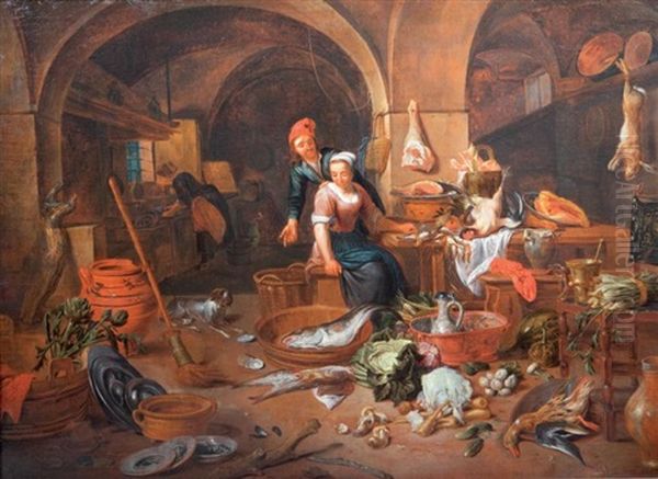 Un Couple A L'interieur D'une Cuisine Avec Une Nature Morte Au Homard Et Aux Artichauts Oil Painting by Jan Van Buken