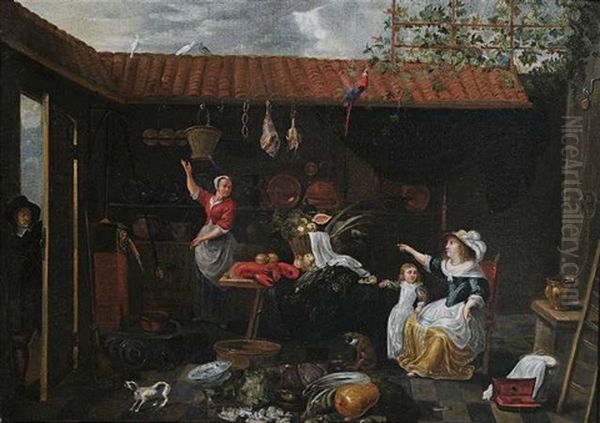 Innenansicht Eines Hofes Mit Kuchenvorraten, Utensilien, Magd Und Hausherrin Oil Painting by Jan Van Buken