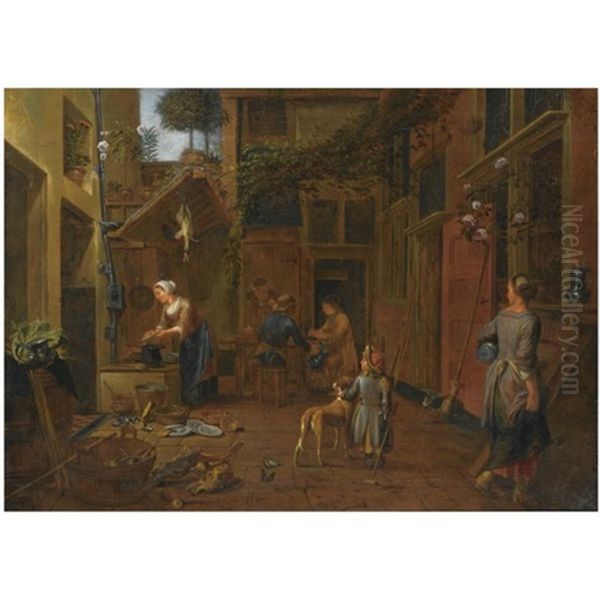 A Courtyard Scene With A Maid Washing Plates, Another Maid Carrying Pots, A Young Boy With A Dog, Other Figures In The Background Oil Painting by Jan Van Buken