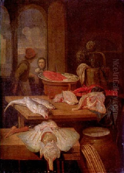 Stilleben Mit Fischen Auf Den Tischen Vorn Und Dahinter Auf Einer Delfter Fayenceplatte Oil Painting by Jan Van Buken