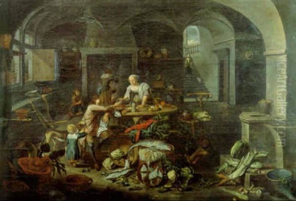 A Sportsman Taking An Oyster From A Maid In A Kitchen Oil Painting by Jan Van Buken