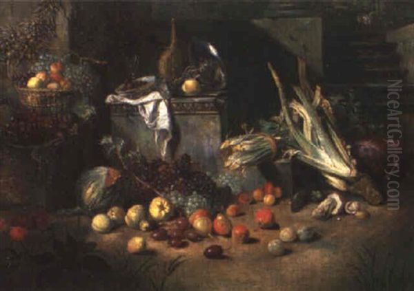 Still Life Of A Bottle, Tazza And Fruit And Vegetables Beneath A Staircase Oil Painting by Jan Van Buken