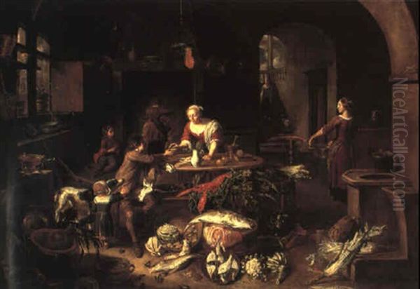 Kitchen Interior With A Servant Receiving Mussels From A Young Man Oil Painting by Jan Van Buken