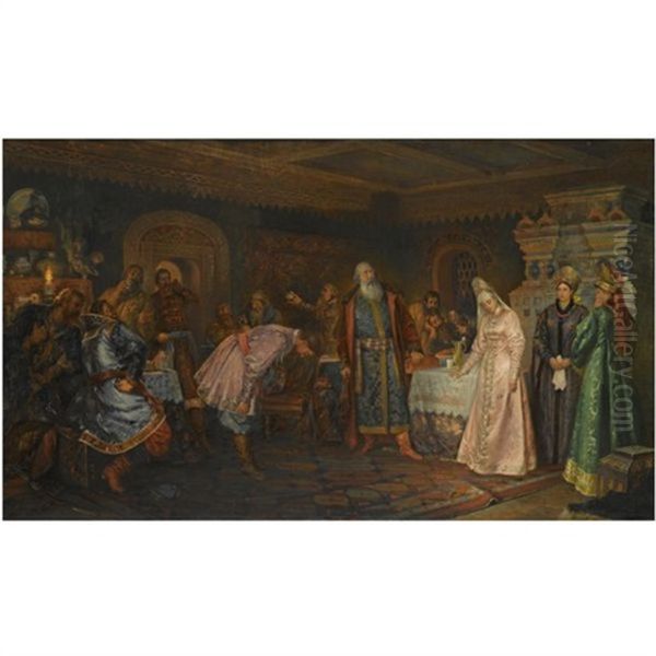 The Kissing Rite; Boyar Morozov Reveals His Wife Elena's Secret Love For Prince Serebryany Oil Painting by Feodor Feodorovich Bukholts