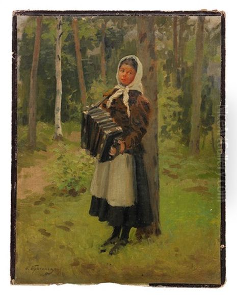 Girl With An Accordion Oil Painting by Feodor Feodorovich Bukholts