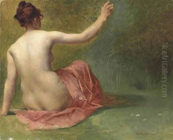 Nude Beauty In A Garden Oil Painting by Vlacho Bukovac