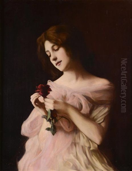 Girl With A Rose Oil Painting by Vlacho Bukovac