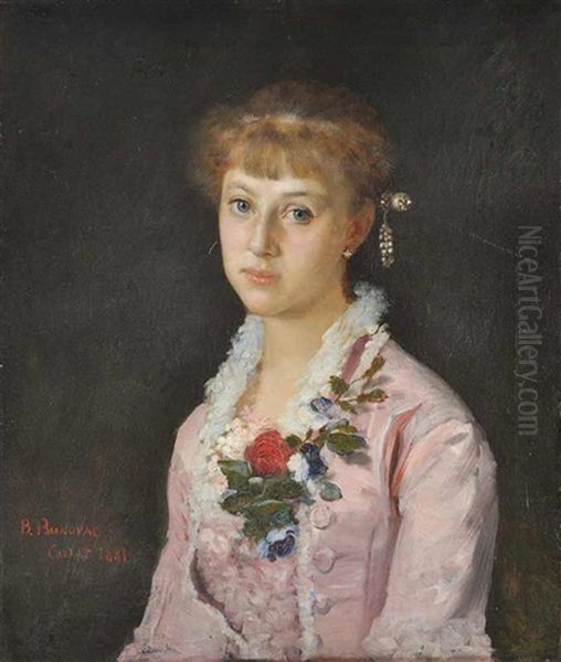 A Portrait Of A Girl With A Flower Wearing A Pink Dress (the Painter's Sister) Oil Painting by Vlacho Bukovac