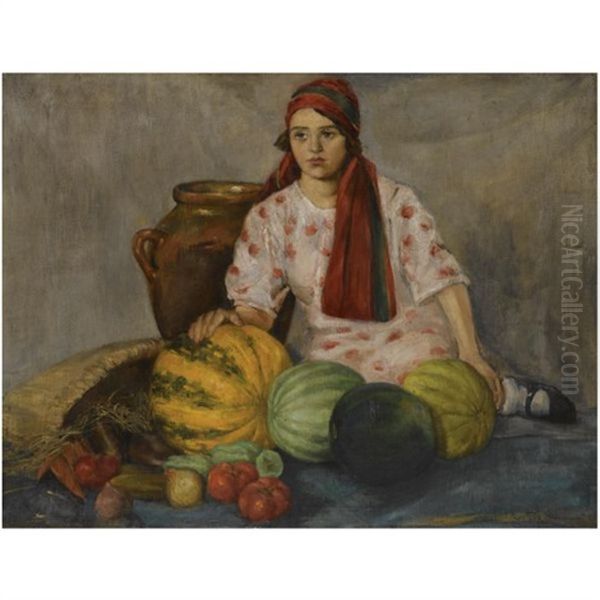 Ukrainian Girl With Fruit Oil Painting by Evgeniy Iosipovich Bukovetsky