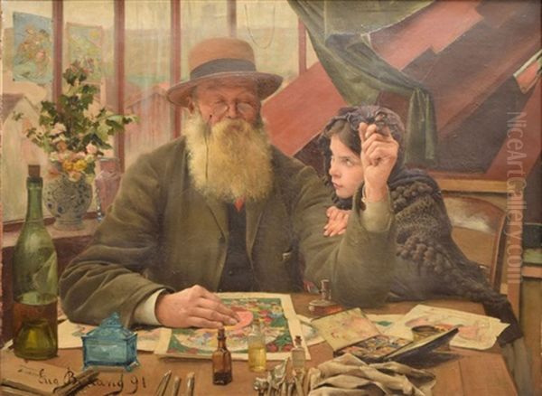 L'illustrateur Et Sa Fille A L'atelier Oil Painting by Jean Eugene Buland