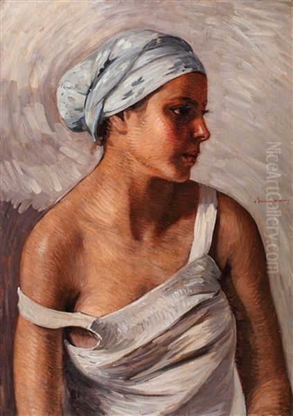 Tanara Cu Turban Oil Painting by Petru Bulgaras