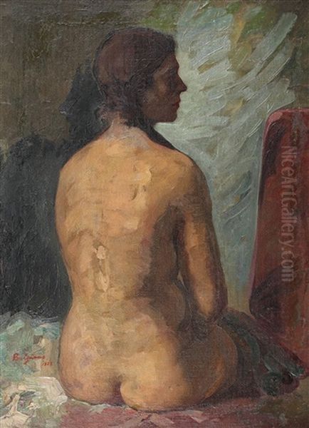 Nud In Interior Oil Painting by Petru Bulgaras