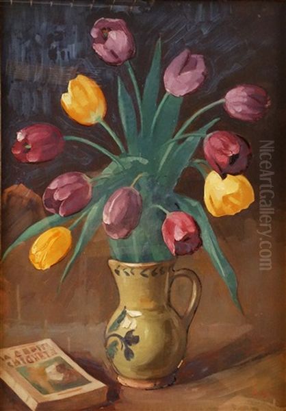 Still Life With Tulips And Books Oil Painting by Petru Bulgaras