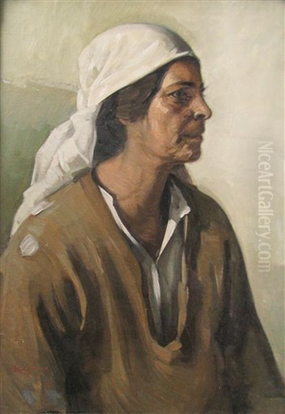 Woman With White Kerchief Oil Painting by Petru Bulgaras