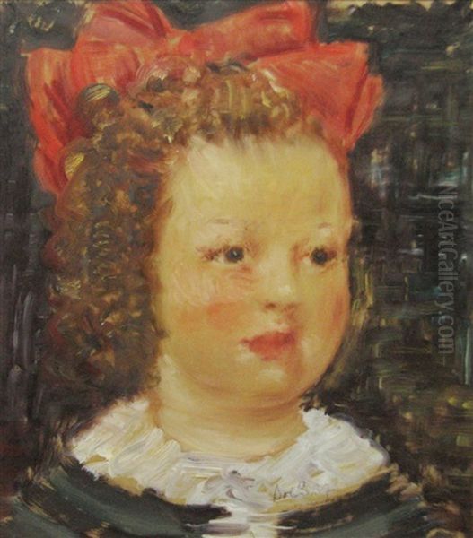 Little Girl With Red Bow Oil Painting by Bob (Gheorghe) Bulgaru