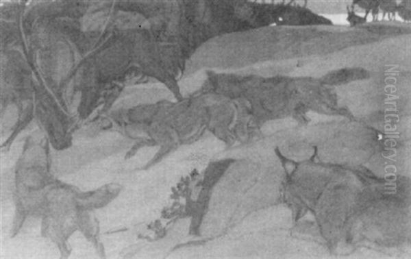 Wolves Attacking Caribou Oil Painting by Charles Livingston Bull