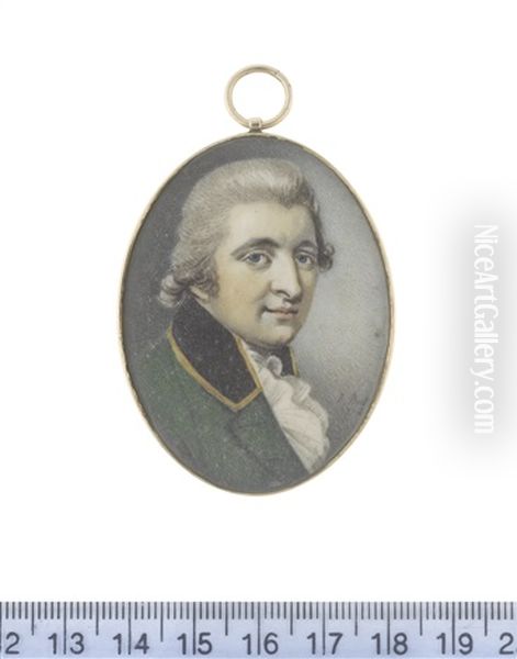 A Gentleman, Wearing Green Coat With Black Collar Edged With Gold, White Stock And Frilled Cravat, His Hair Powdered And Worn En Queue Oil Painting by Richard Bull