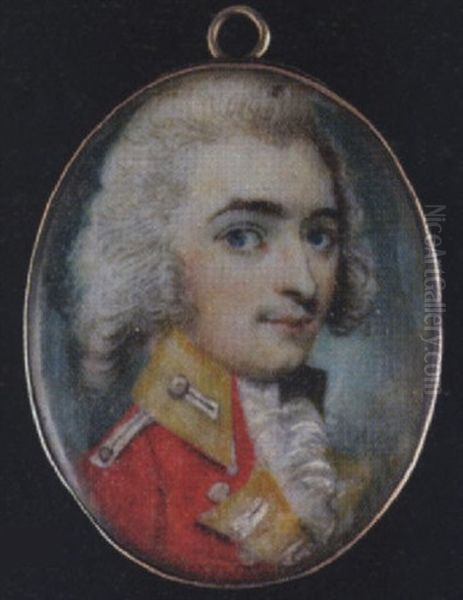 An Officer, Wearing Red Uniform With Yellow Facings And Frilled White Cravat Oil Painting by Richard Bull