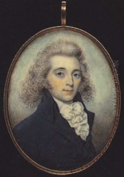 A Gentleman Wearing Blue Coat, Dark Blue Waistcoat And White Frilled Cravat, His Hair Curled And Powdered Oil Painting by Richard Bull