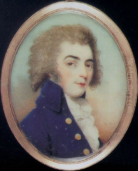 Portrait Of A Gentleman, In Blue Coat With Gold Buttons, White Frilled Shirt And White Tied Cravat Oil Painting by Richard Bull