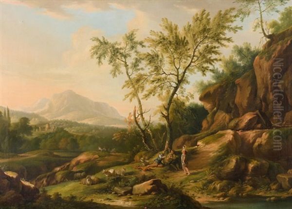 Ideallandschaft Mit Hirten, Schafen Und Ziegen Oil Painting by Johann Balthasar Bullinger the Elder